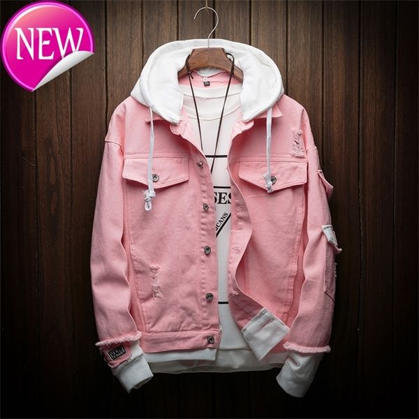 

fake two pieces hooded mens denim jacket men spring autumn 2020 new stitching pink black jean jacket men denim jackets coats