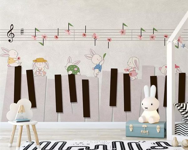 Beibehang personalizzato carta da parati dipinte a mano cartone animato letteraria coniglio pianoforte TV sfondo per bambini sala asilo 3d