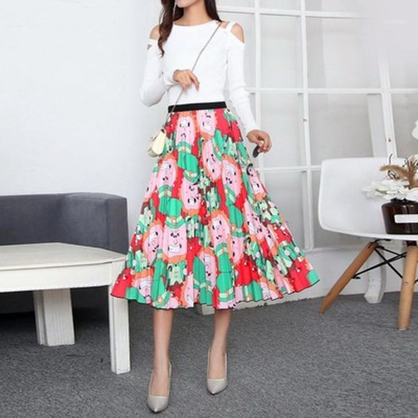 

qrwr fashion 2020 womenswear ladies floral skirt midi length bohemian summer skirts elastic waist casual pleated skirt women1, Black
