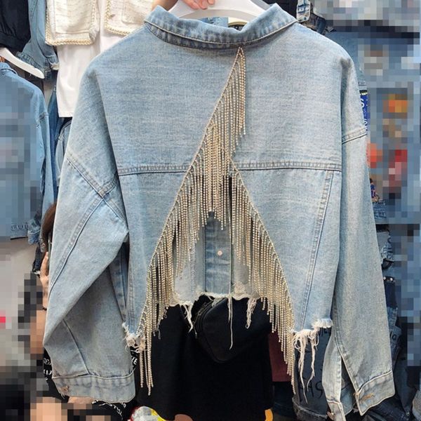 

new casual fashion temperament women coat loose plus inlaid rhinestone tassel back split denim jacket, Black;brown