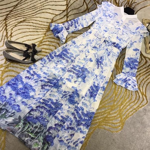 

12.28 new fashion stand collar flare sleeve ruffles print dress elegant temperament dress with tank women, Black;gray