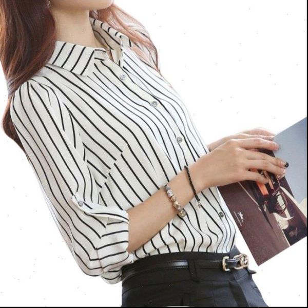 

spring autumn women stripped casual office chiffon and blouses plus size long sleeve ol style women shirt, White