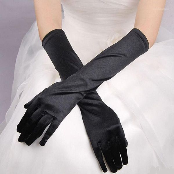 Fünf-Finger-Handschuhe, modisch, lang, Satin, Oper, Abend, Party, Abschlussball, Kostüm, Schwarz, Rot, 63 cm, Damen1