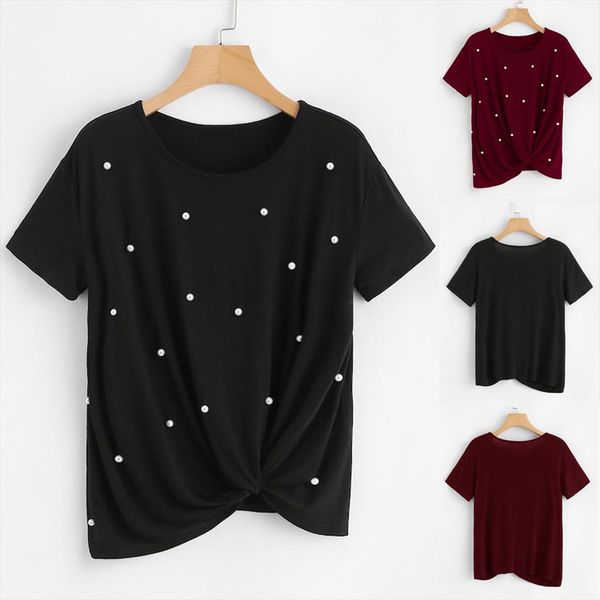 

футболка с коротким рукавом женщин o шеи pearl embellished tee tie майка tops casual женские рубашки женщина рубашки, White