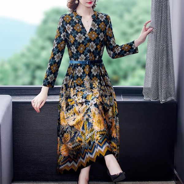 

autumn vintage floral knitting maxi dress spring casual long sleeve new one piece dresses elegant bodycon women's wear party, Black;gray