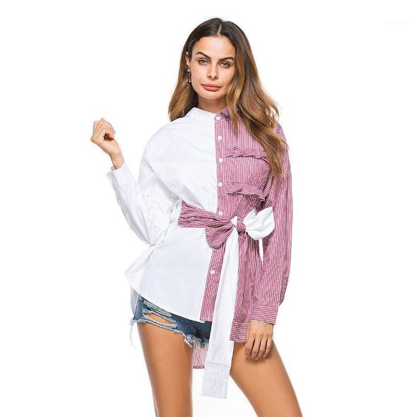 

2017 women business casual clothing ladies office shirts khaki foldover butterfly belted waist asymmetry personality blouse1, White