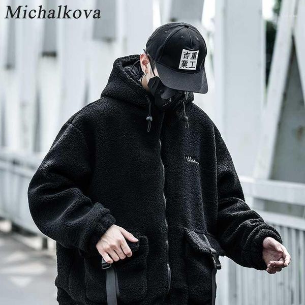 

michalkova men/women hip hop lambhair lambs wool jacket men's loose plush couple cotton clothes function wind tooling coat trend1, Black