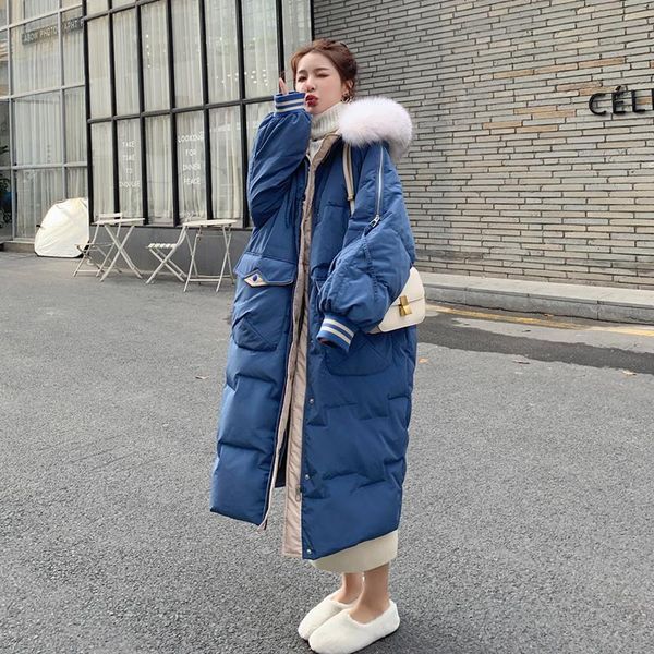 

women's down & parkas 2021 winter jacket 90% white duck long hooded big fur collar loose thick single-breasted fashion cotton coattop, Black