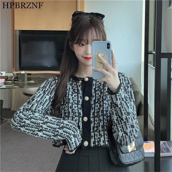 

korean style short elegant women sweater single breasted long sleeve o-neck knitted jacket 2020 spring autumn new, White;black