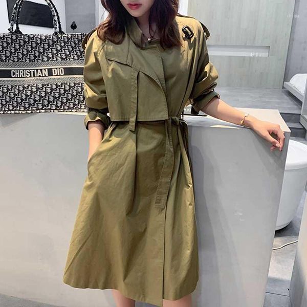 

fashion new trench coat women 2020 spring autumn khaki lace-up long windbreaker women outwear loose overcoat ladies tide d35071, Tan;black