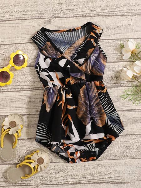 

baby tropical print surplice neck combo bodysuit dress she, Red;yellow