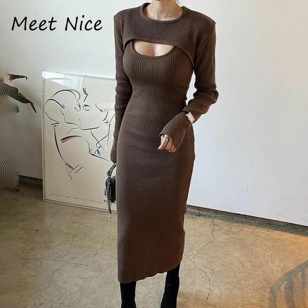 

new knitted two piece women sets long sleeve crop cut out dress bodycon long dresses ladies robe casual suit 2020, Gray