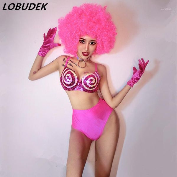 

female festival party stage costume nightclub party show stage outfit dj singer dance team jazz performance sequins bikini set1, Black;red