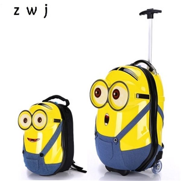 

cartoon minions 14/18 inch backpack+rolling luggage spinner brand travel suitcase lj201118