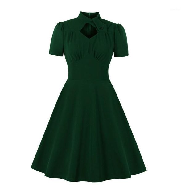 

cutout mock neck elegant vintage dresses high waist dark green christmas dress solid 1940s dress1, White;black