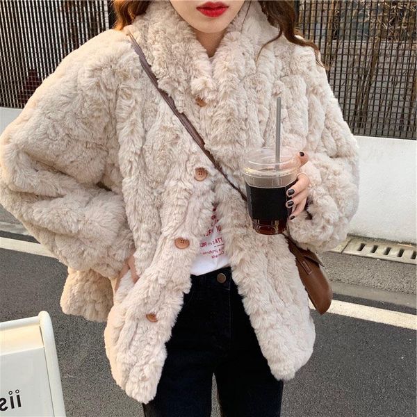 

women's fur & faux winter jacket women 2021 fluffy solid single breasted coat warm thick fashion loose plush ladies, Black