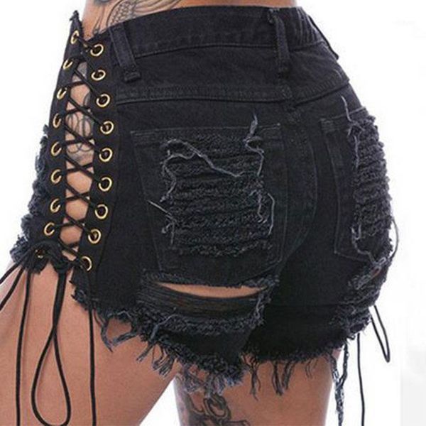 

mid-waist skinny ripped ants bandage lace-up denim shorts women solid black summer hole short pants jeans female1, White;black