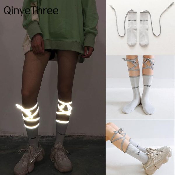 

new novelty fluorescent strap socks female tide brand ins japanese starry club party reflective cross personality calf tube sock1, Black