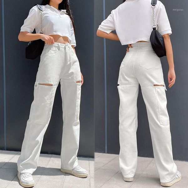 

hollow out white high waisted jeans women casual straight long trousers ladies pockets fashion women pants1, Black;white