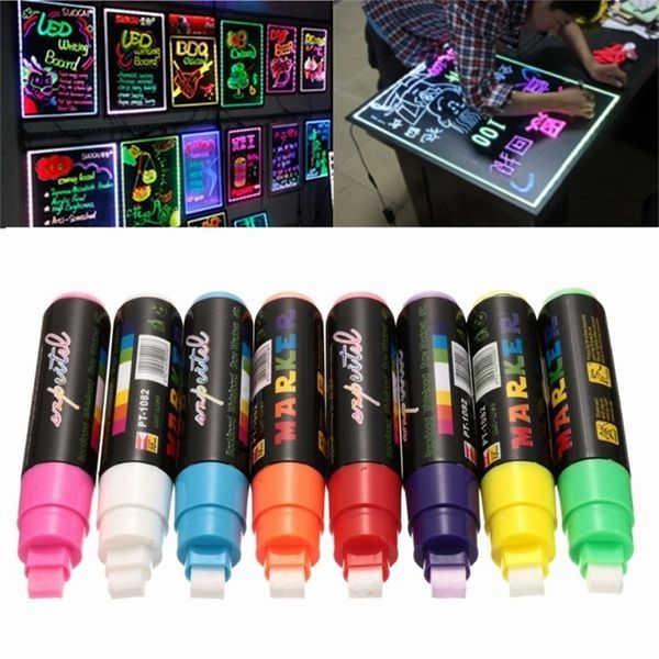 8 pcs 10mm re led highlighter neons marcador de placa fluorescente caneta de giz líquido para desenho pintura redação de arte 201102