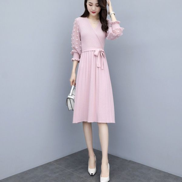 

lady temperament lantern sleeve wool 2020 autumn lantern dress new style knitted slim elegant mesh dress c1xbb, Black;gray