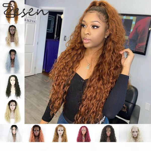 

zesen synthetic lace front wig ombre wigs for women cosplay afro medium hair curly middle part blond pink red gray, Black