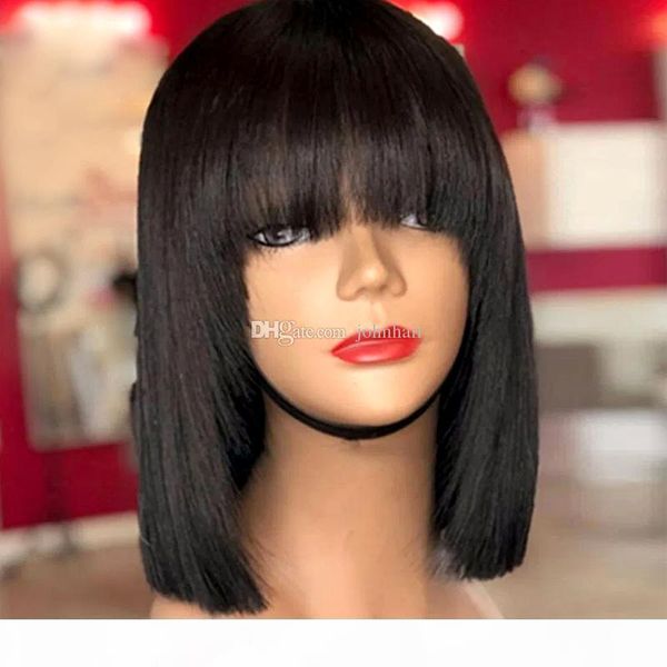 

9a bob human hair wigs with full bangs pre plucked lace frot wig brazilian virgin short full lace wig for black women, Black;brown