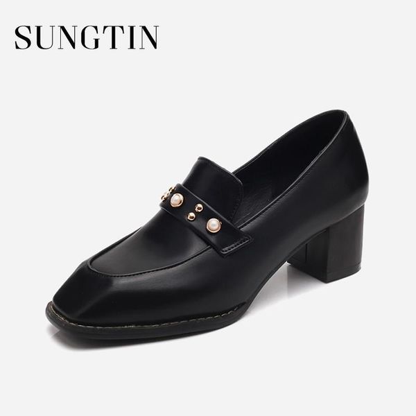 

dress shoes sungtin 2021 spring autumn women pumps cute pearl square heel office lady mid heels female comfortable large size 431, Black