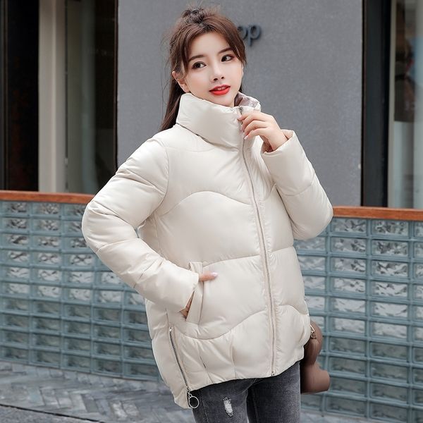 

winter new womens asymmetry solid color stand collar padded coat women zipper soft glossy thick jackets streetwear 201019, Black