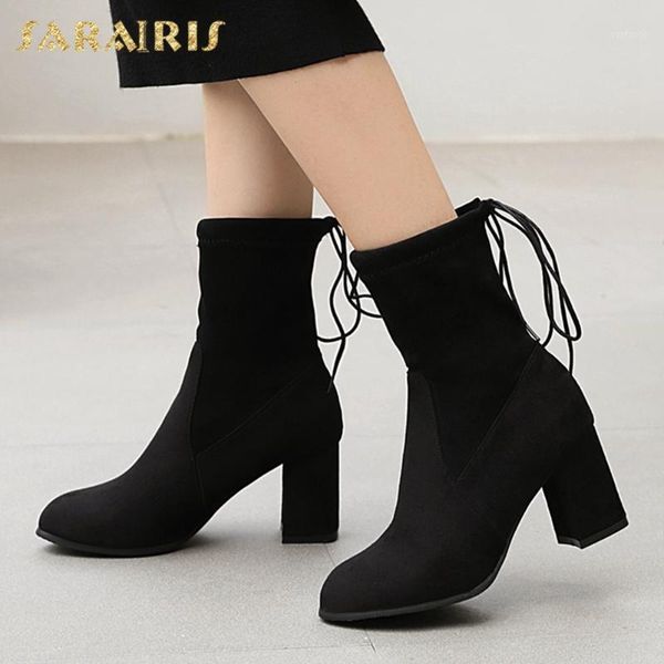 

sarairis 2020 new arrivals plus size 45 chunky high heels concise fashion boots woman shoes slip on comfortable stretch boots1, Black