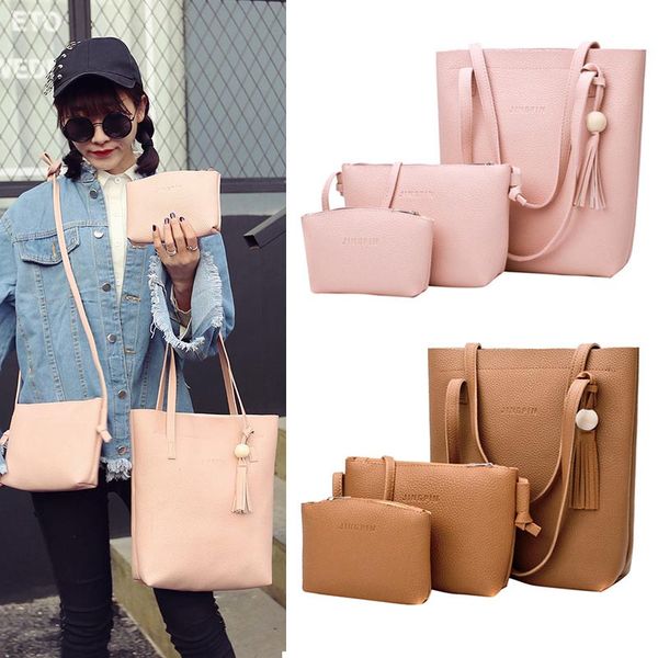 

3 piece set women composite shoulder bag pu leather solid color bead tassels handbag travel casual messenger bags sale-wt