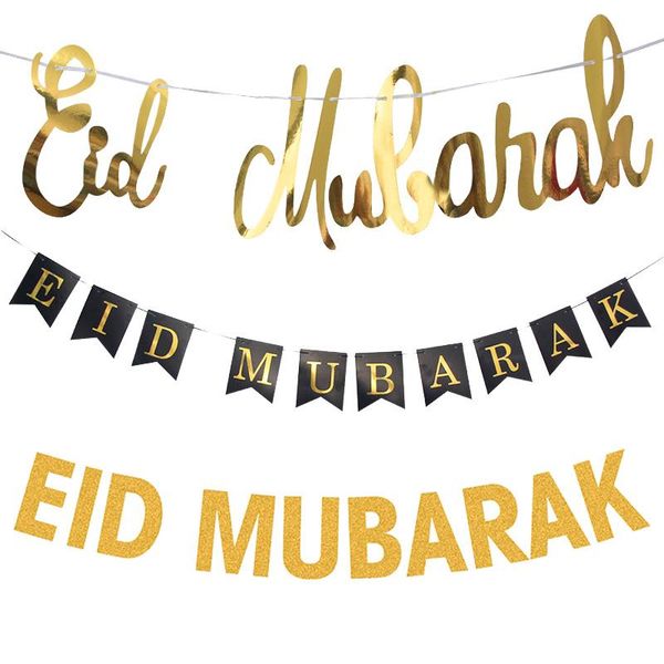 

party decoration 2021 eid mubarak paper banner gold black ramadan for home garland muslim festival decor supplies