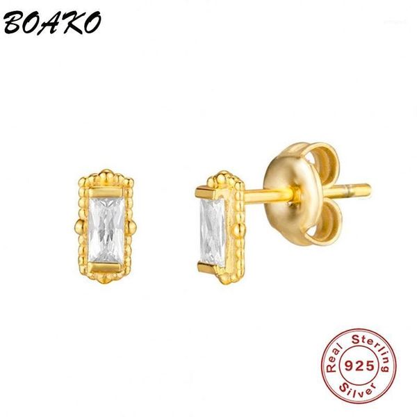 

stud boako 100% 925 sterling silver small rectangle zircon cz earrings for women girls gift piercing ohrringe rock punk jewelry1, Golden;silver