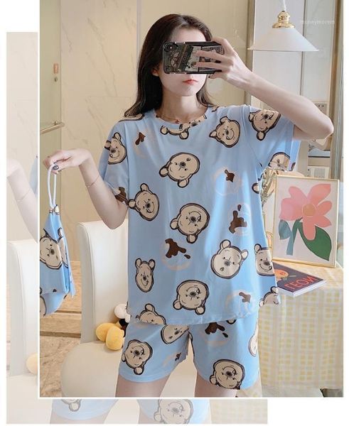 

women's sleepwear 2021 cotton summer pajamas women's short sleeves + shorts delivery bag sweet lovely home clothes suit casual gir, Black;red