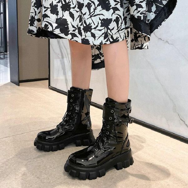 

zawsthia patent pu leather round toe sports casual riding motorcycle womens platform boots lace-up winter shoes big size 45 46, Black