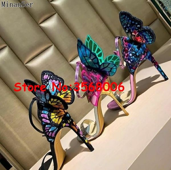 Großhandel erstaunliche mehrfarbige 3D-Schmetterlings-Sandalen mit offenen Zehen und dünnen Absätzen, Hochzeitsfeier-Brautschuhe, sexy Knöchelwickel-Stiletto-Absätze 1010