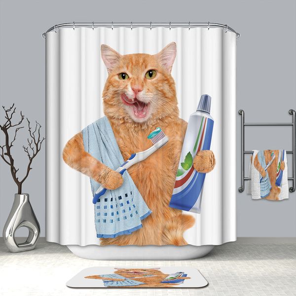 

polyester fabric shower curtain for bathroom cartoon little yellow cat brushing teeth pattern thicken waterproof bath curtain