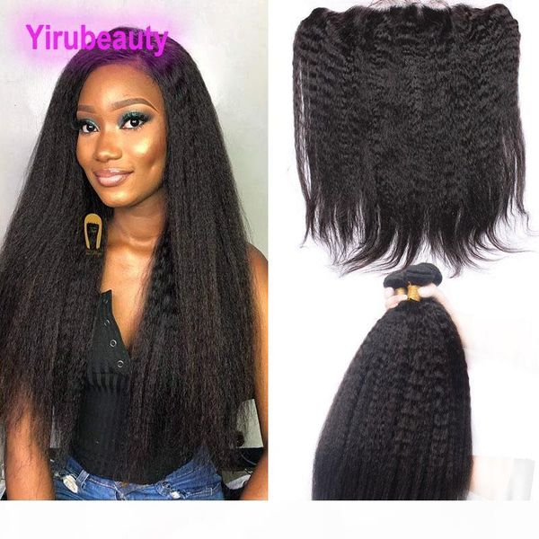 

malaysian virgin human hair wefts with 13x4 lace frontal with baby hair kinky straight 4 pieces lot bundles with frontal closure wholesale, Black;brown