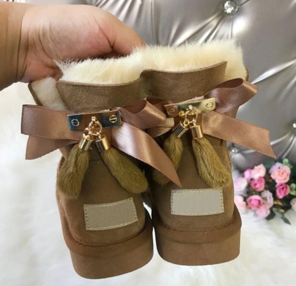 

2020 winter new real cowhide fur women's snow boots plush warm middle tube bow short boots eu35-45, Black