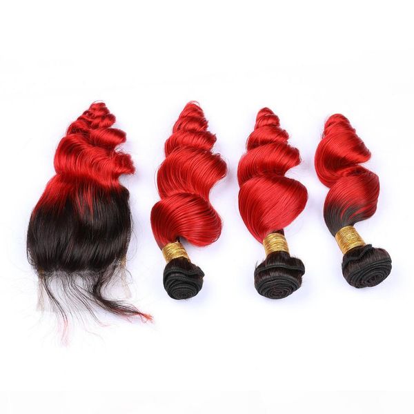 

ombre wavy hair bundles with closure malaysian hair #1b #red loose wavy ombre hair weave with closure, Black;brown