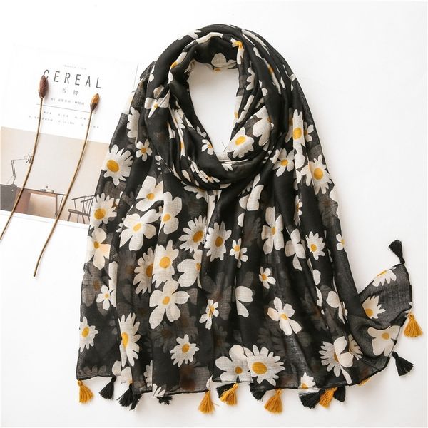 

women spain fashion black daisy floral tassel viscose shawl scarf print wrap headband bufandas muslim hijab sjaal 180*90cm y201007, Blue;gray
