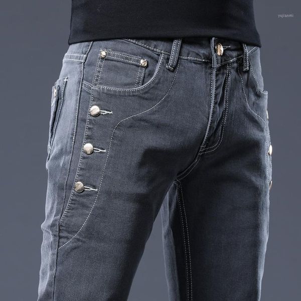 

ho 2020 teenagers pocket decoration fashion jeans men's cultivate one's morality and feet grey denim trousers1, Blue