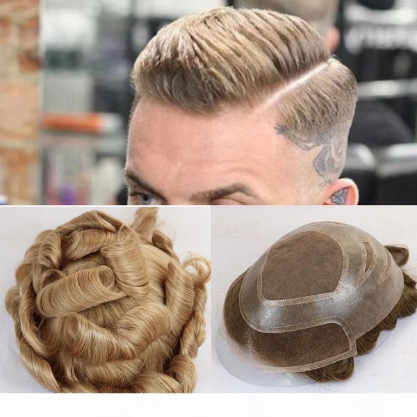 

human hair men's toupee 100% virgin human hair replacement system for men 10"x8" size natural hairline single knots men wig 5, Black