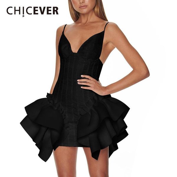 

chicever dress for women v neck sleeveless sling high waist patchwork ruffles party mini dresses female 2020 summer clothes, Black;gray