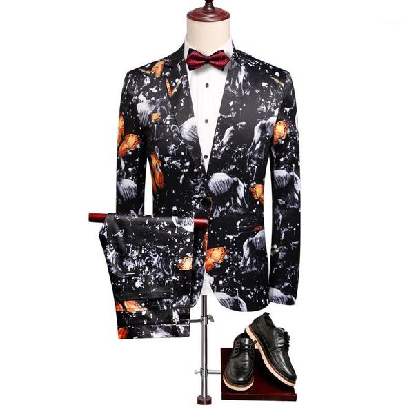 Erkek Suit Blazers İngiliz Tarzı Sıradan Terno Maskülino Moda Elbise 2pc Takım Pantolon Pantolon Tasarımları Çiçek Blazer Seti İnce Fit Erkekler Giyim1