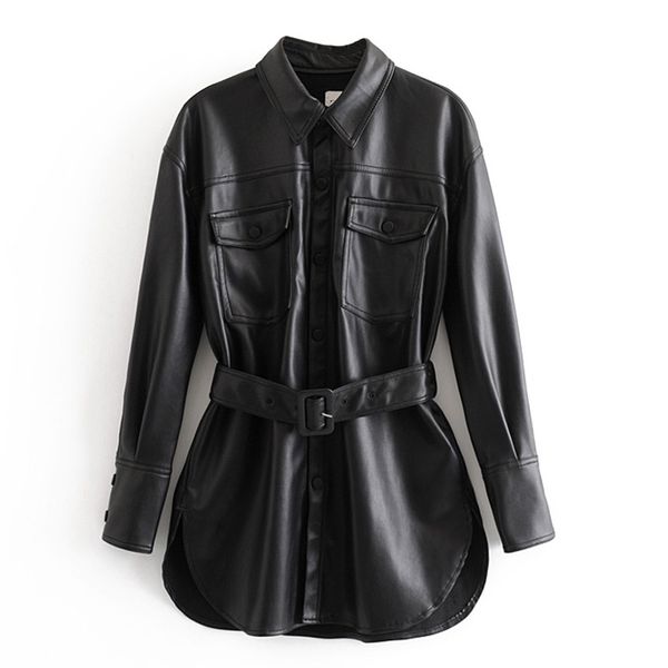 

2021 new winter fashion women's fashions plutonium shirts elegant tie waist pockets high imitation leather 5o63, Black