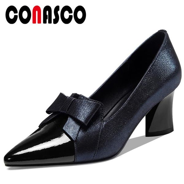 

conasco woman pumps genuine leather elegant casual office 2020 spring summer new butterfly knot thick heels shallow shoes woman, Black