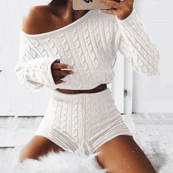 

women outfits two piece set knitted long sleeve crop + bodycon shorts suit winter warm 2 piece set sale, Black