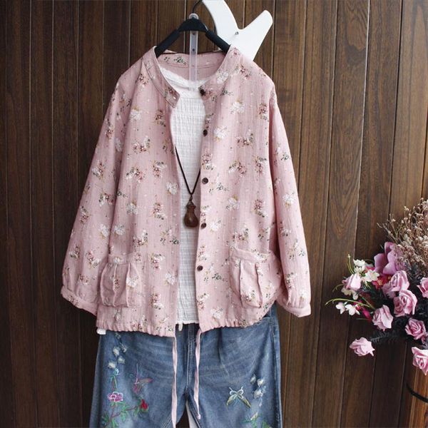 

literary floral cotton linen drawstring pockets cardigan spring sweet pink lantern sleeve female casual women shirt blouse, White