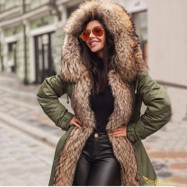

women's down & parkas winter coat women 2021 parka brand natural raccoon fur collar hood casual detachable 3 in 1 outerwear luxury, Black